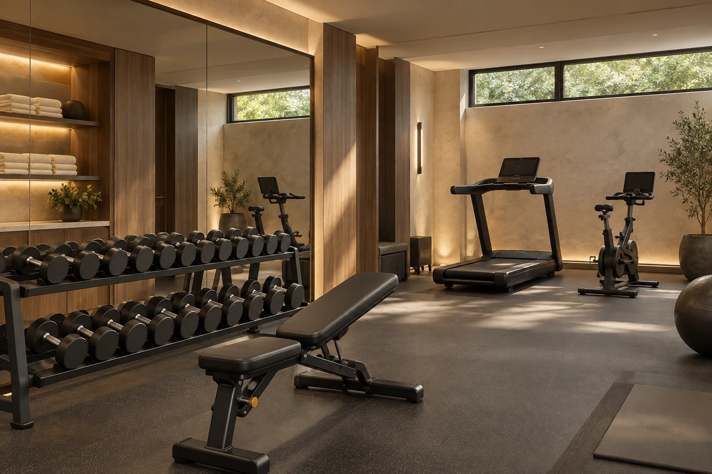 Illustrative concept of the residents' fitness suite, with timber detailing, strength equipment and soft daylight