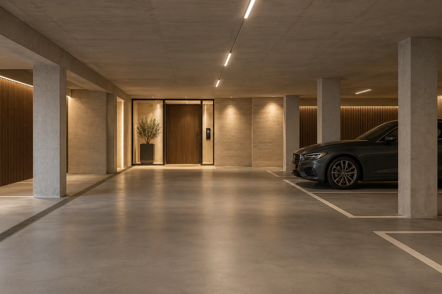 Illustrative concept of the private covered garage, with warm lighting and a stone-framed residents' entrance