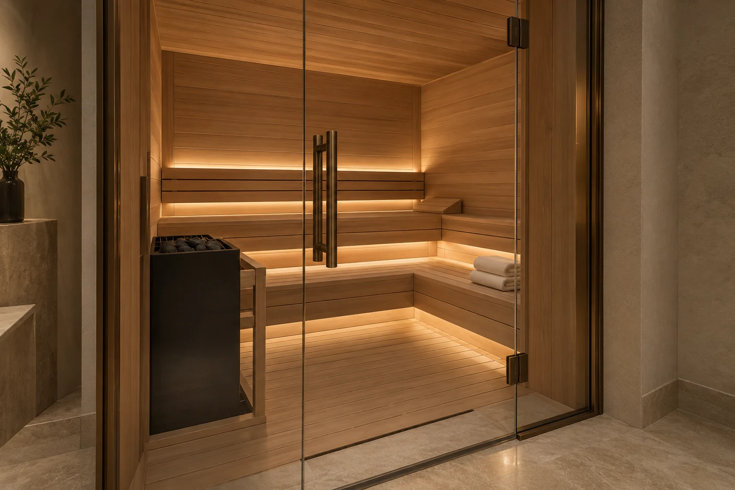 Illustrative concept of a private timber sauna, with tiered benches and soft concealed lighting