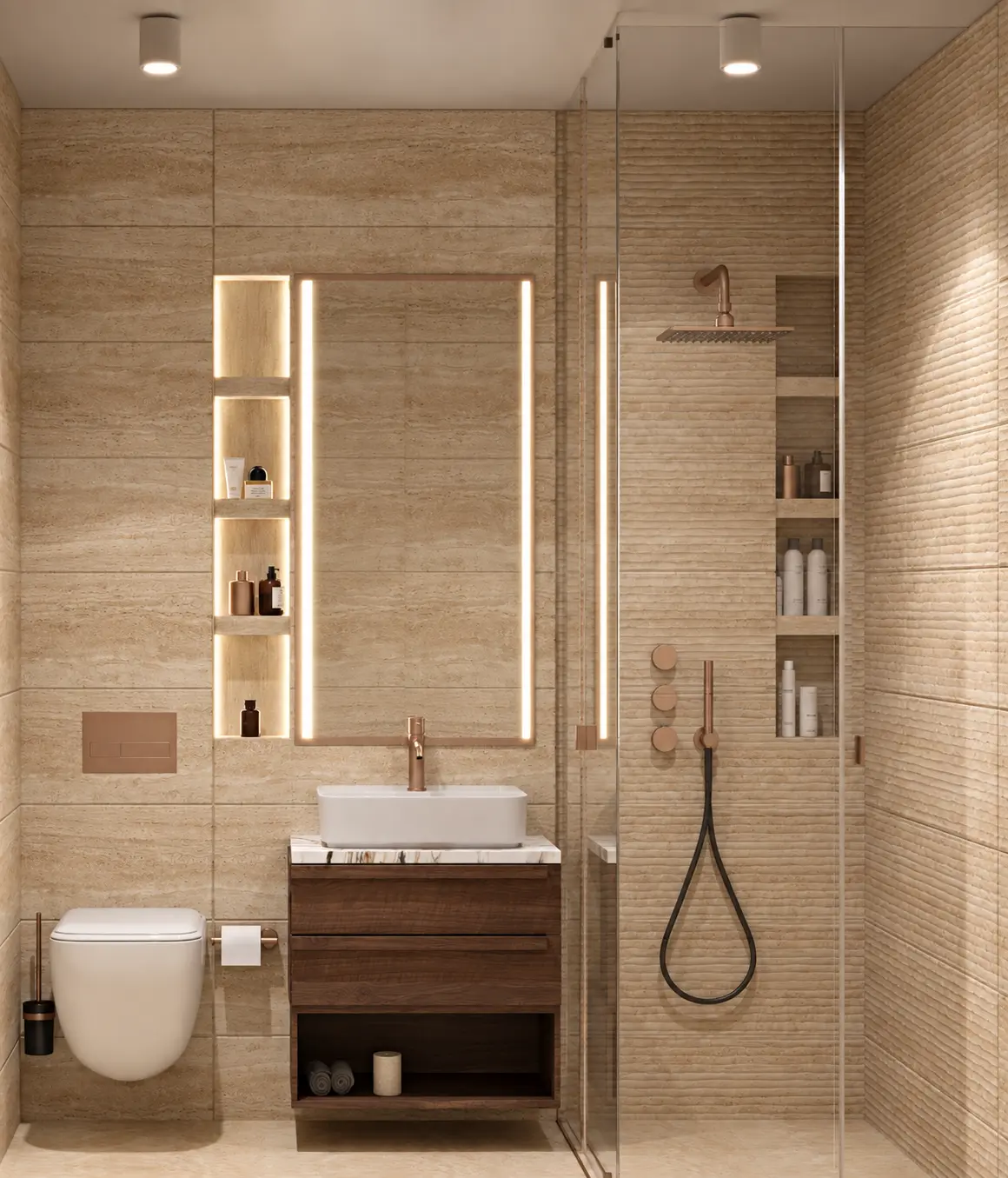 Stone bathroom with bronze fixtures, illustrative render