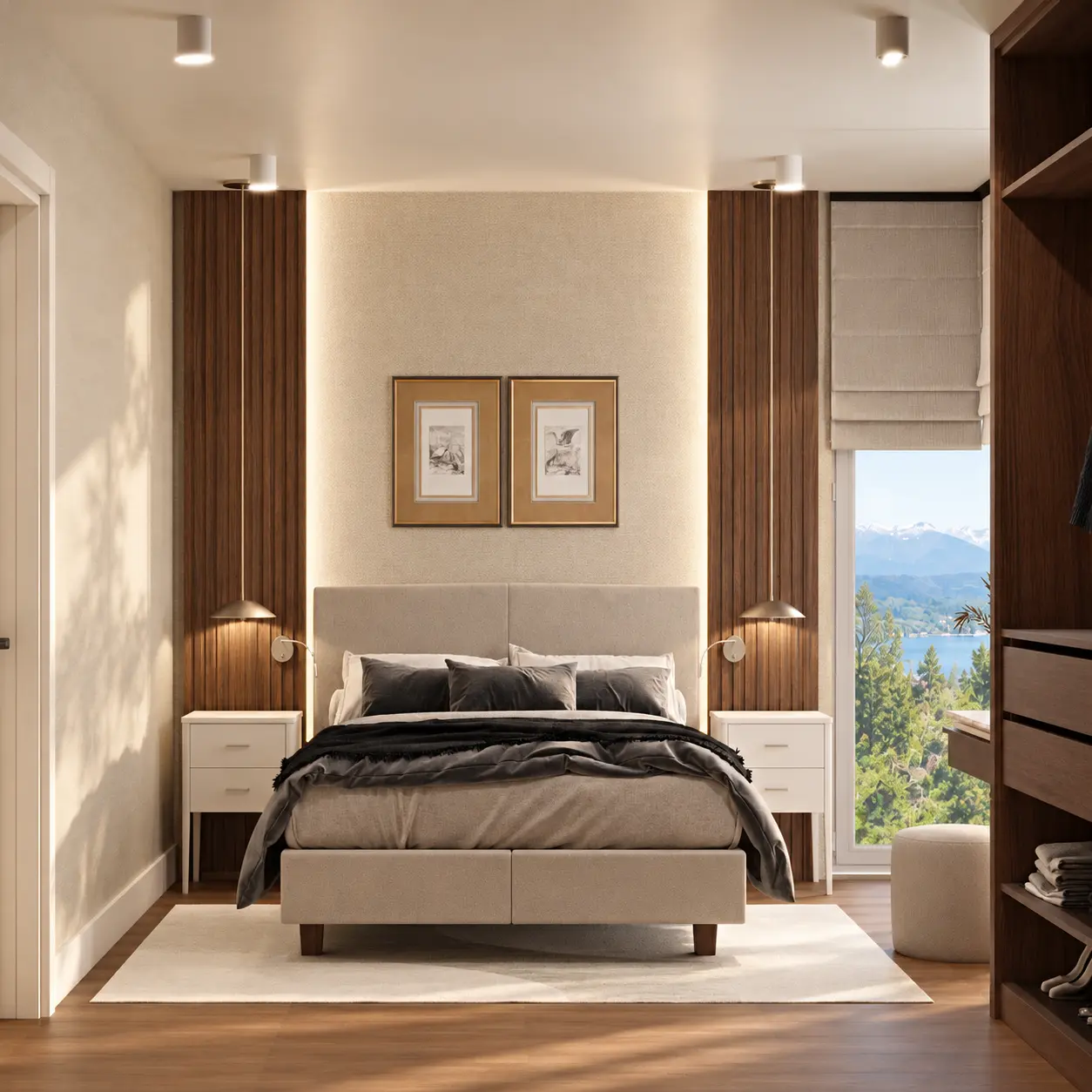 Illustrative bedroom render with walnut detailing and cream upholstery