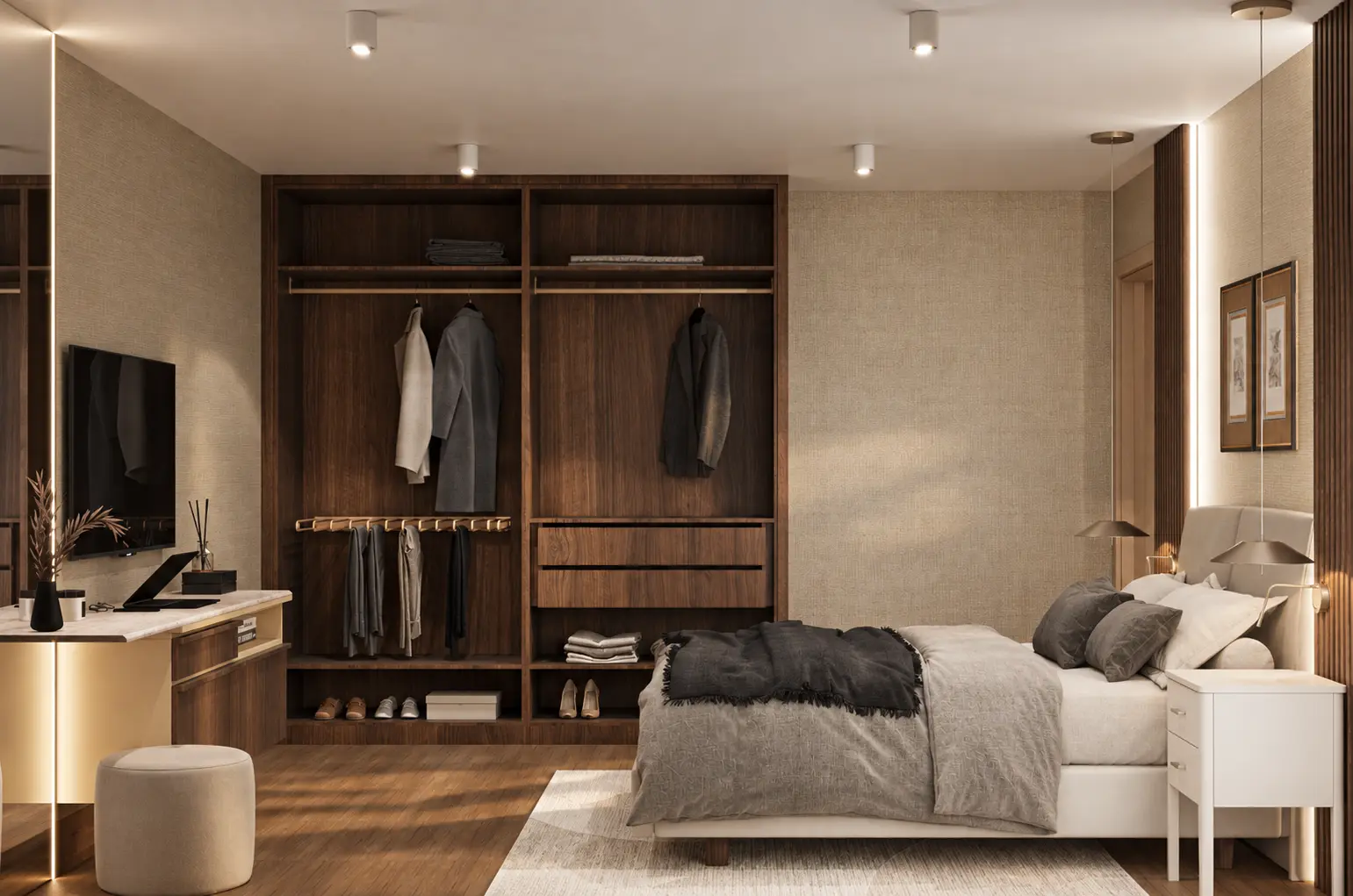 Bedroom with walnut wardrobe, illustrative render