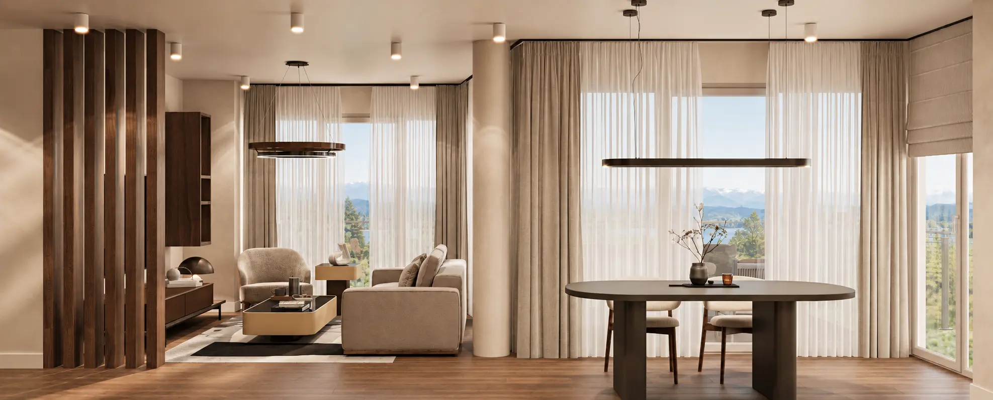 Illustrative dining and living room render with walnut room divider