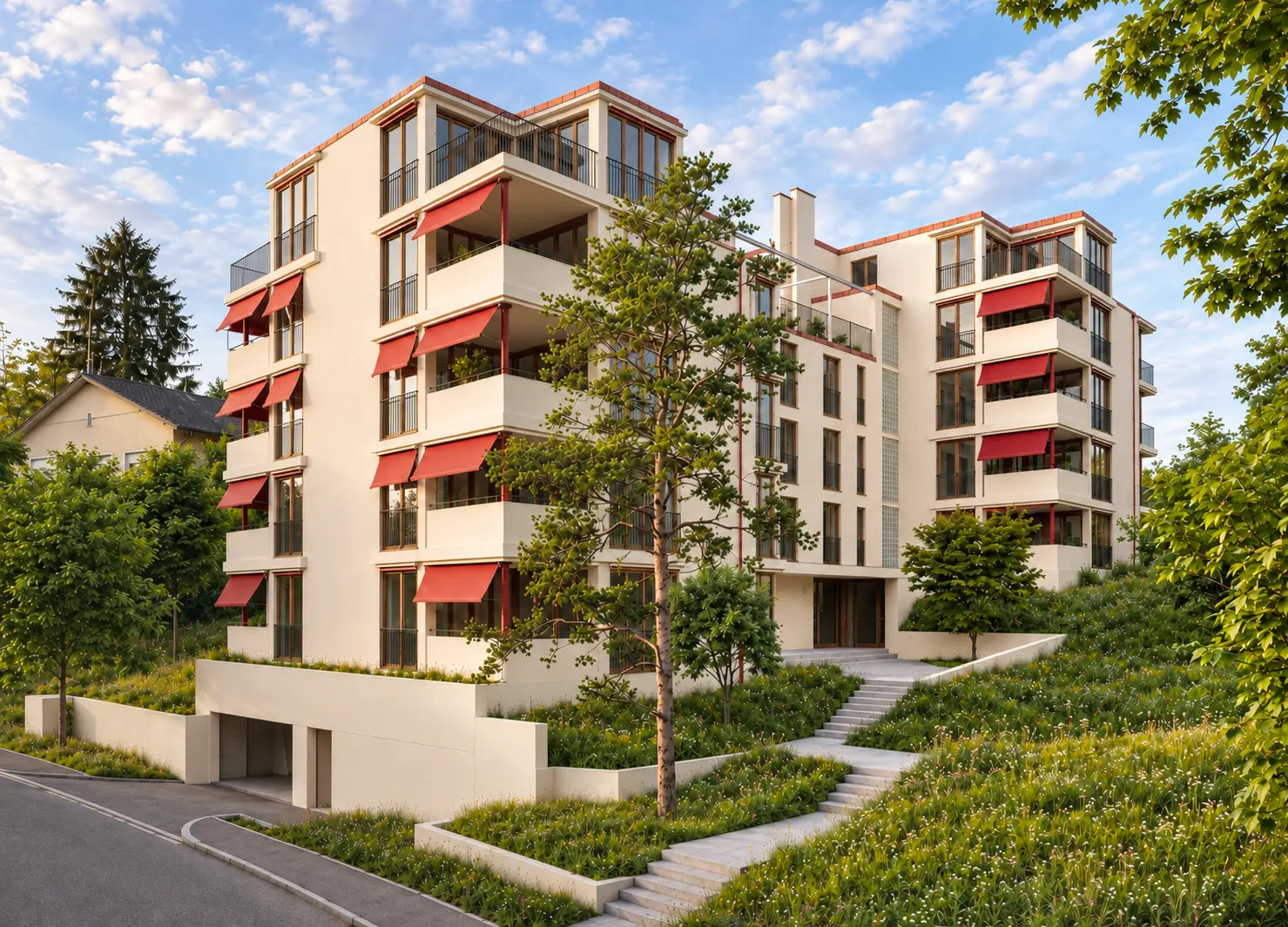 Illustrative exterior render of Delta Residence Zürich with red awnings