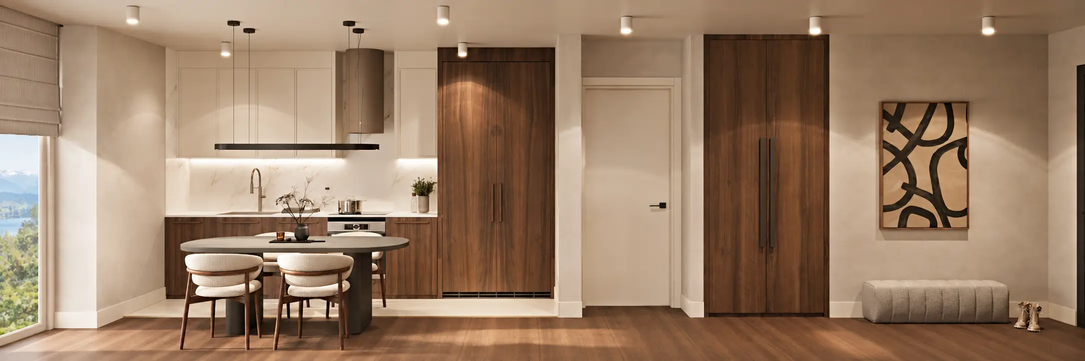 Walnut kitchen and dining area, illustrative render