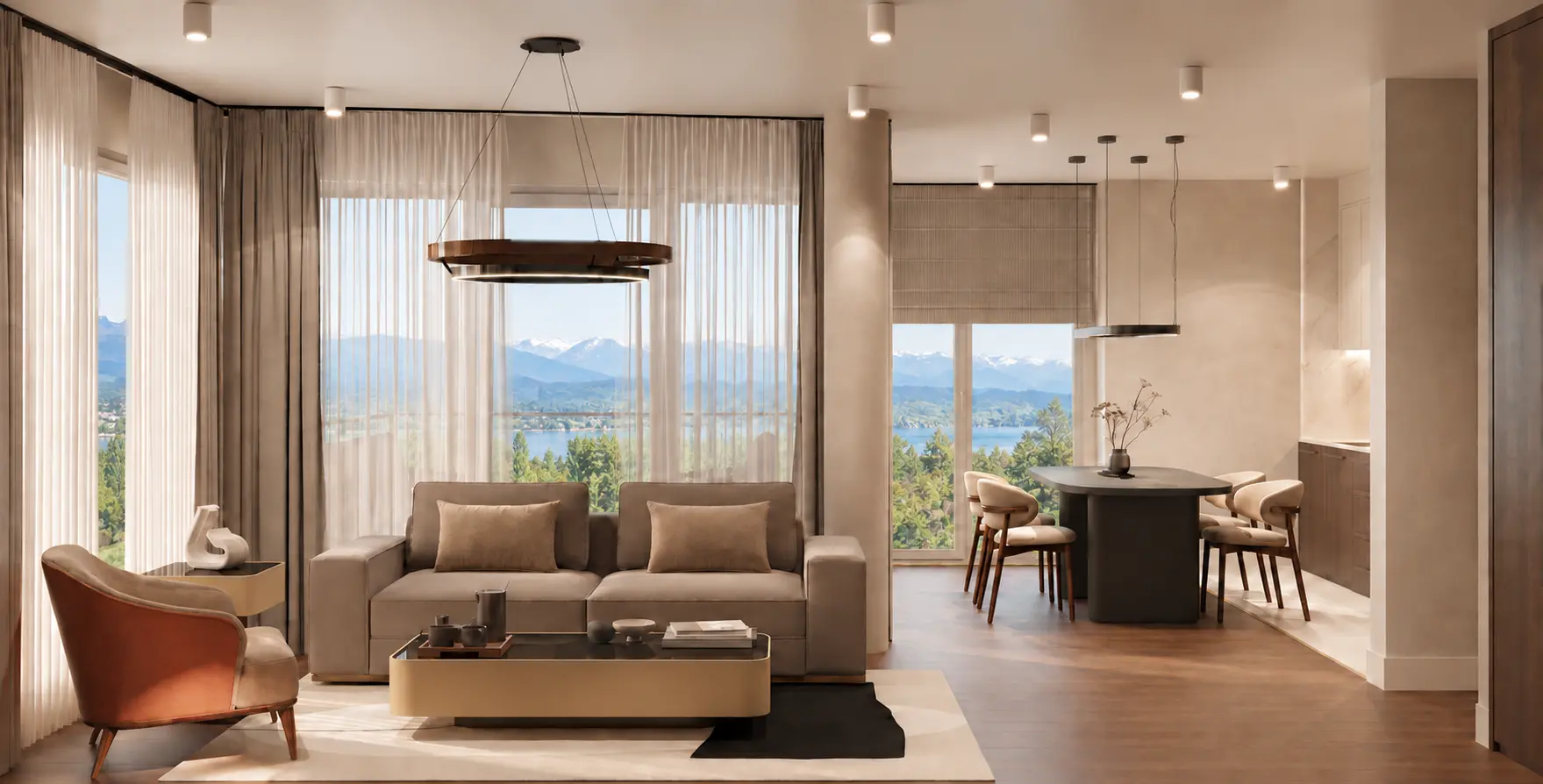 Illustrative living and dining room render with a discreet Swiss lake and mountain outlook