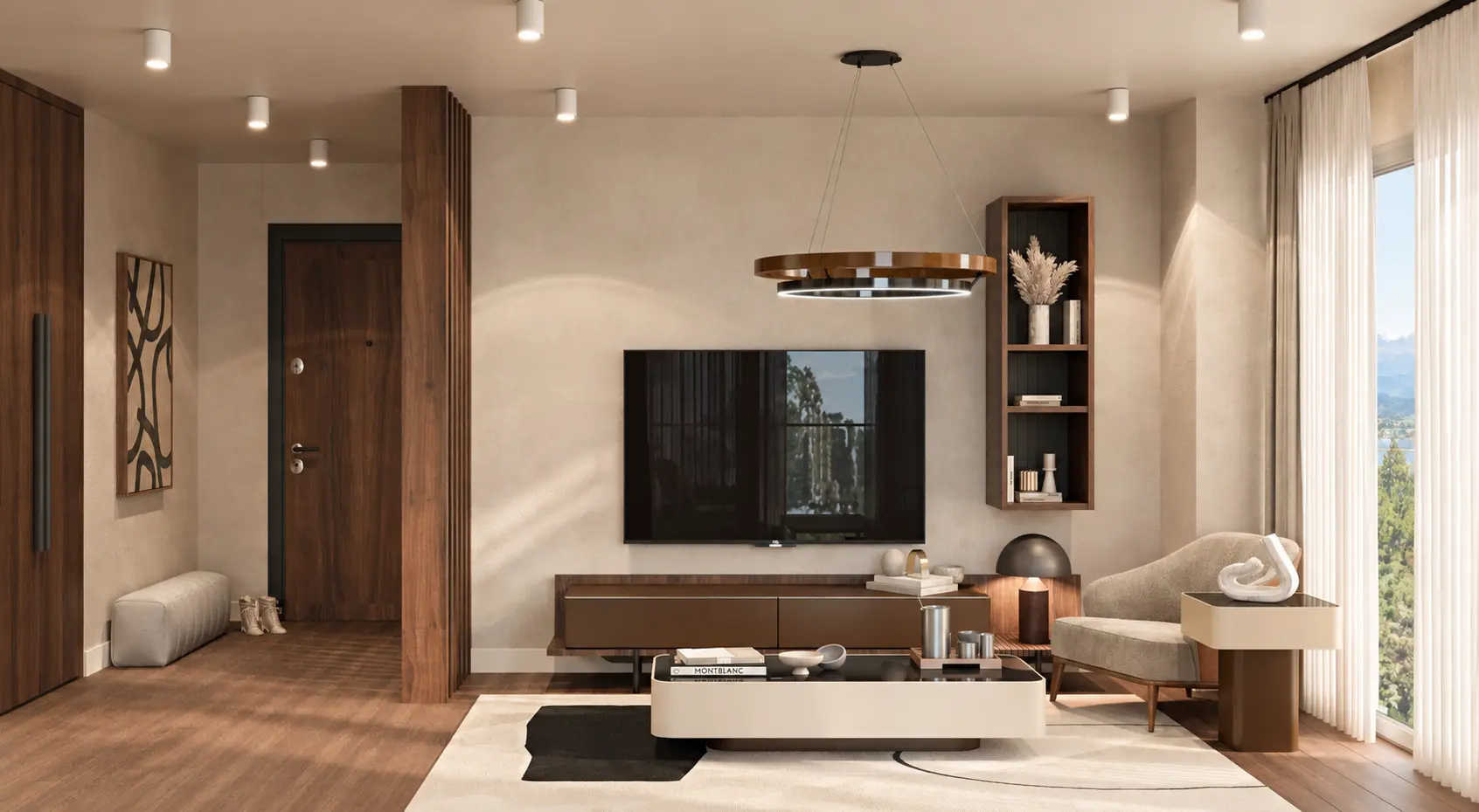 Lounge and television wall, illustrative render